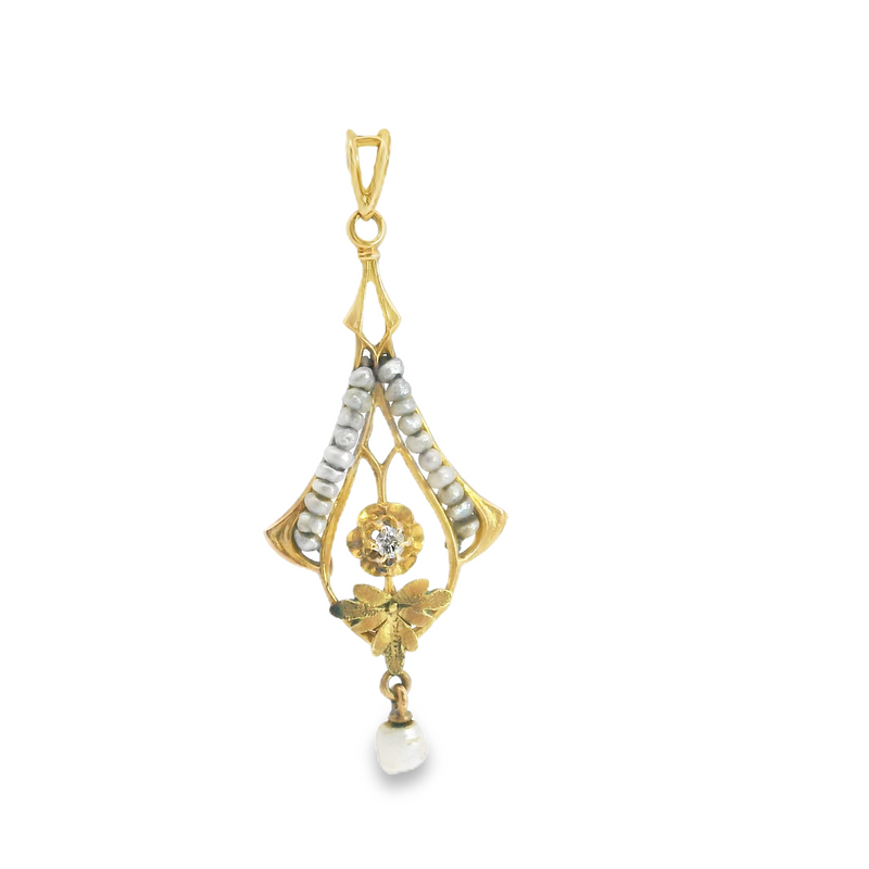 10K YG Pearl & Diamond Vintage Pendant