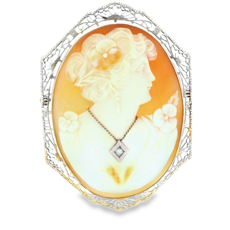 14K WG CAMEO WITH DIAMOND PIN