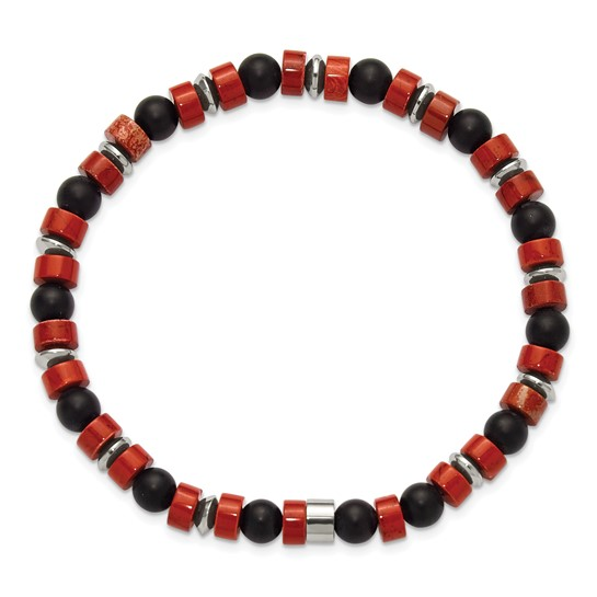 Stainless Steel Red Agate and Black Onyx Bracelet