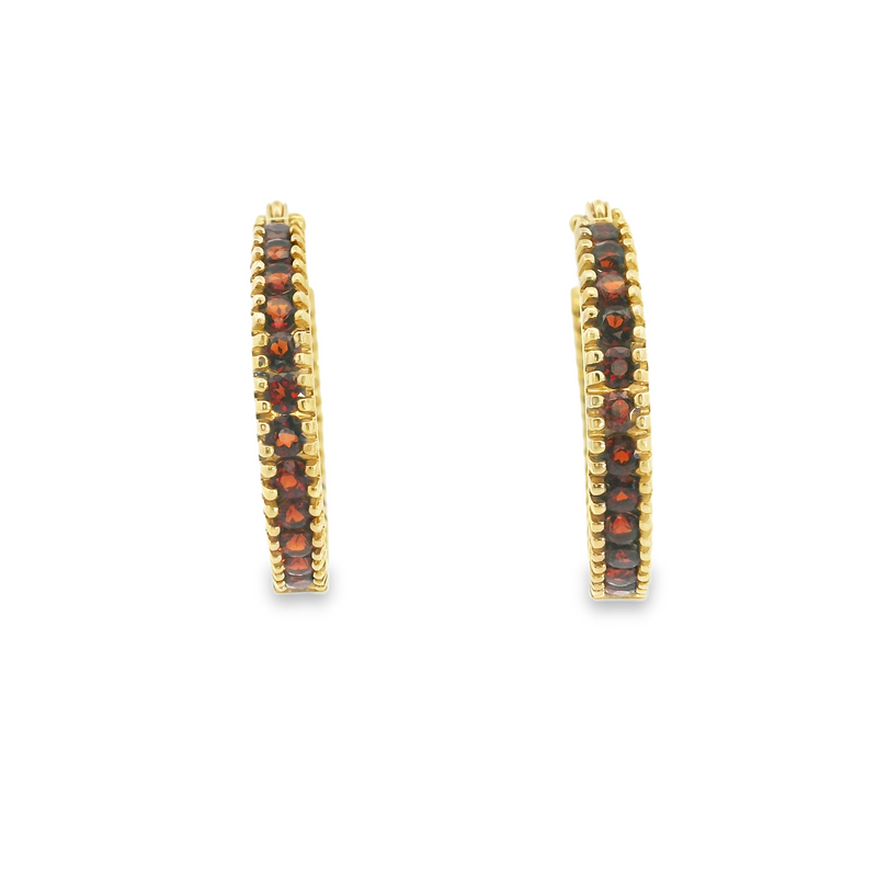 14K YG Garnet Hoop Earrings