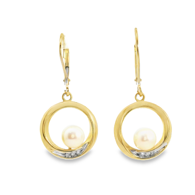 14K YG Pearl & Diamond Dangle Earrings