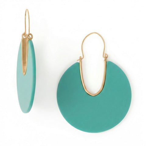 Matte Gold Tone Round Teal Acrylic Wire Drop Fashion Earrings
