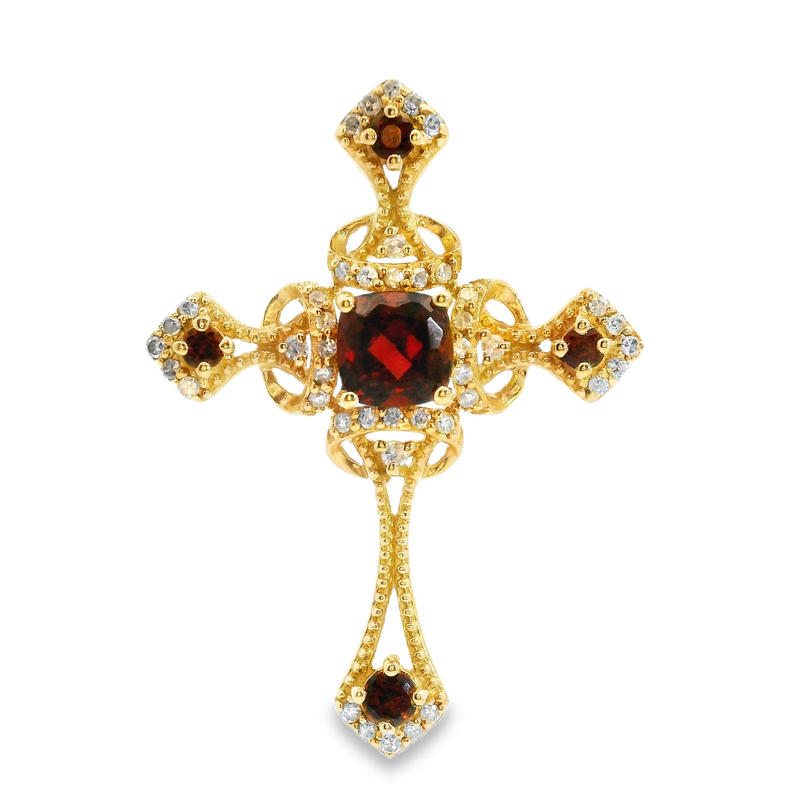 14K YG Garnet & Diamond Cross Pendant