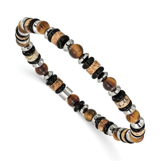 Stainless Steel Tigers Eye, Picture Jasper and Black Onyx Bracelet