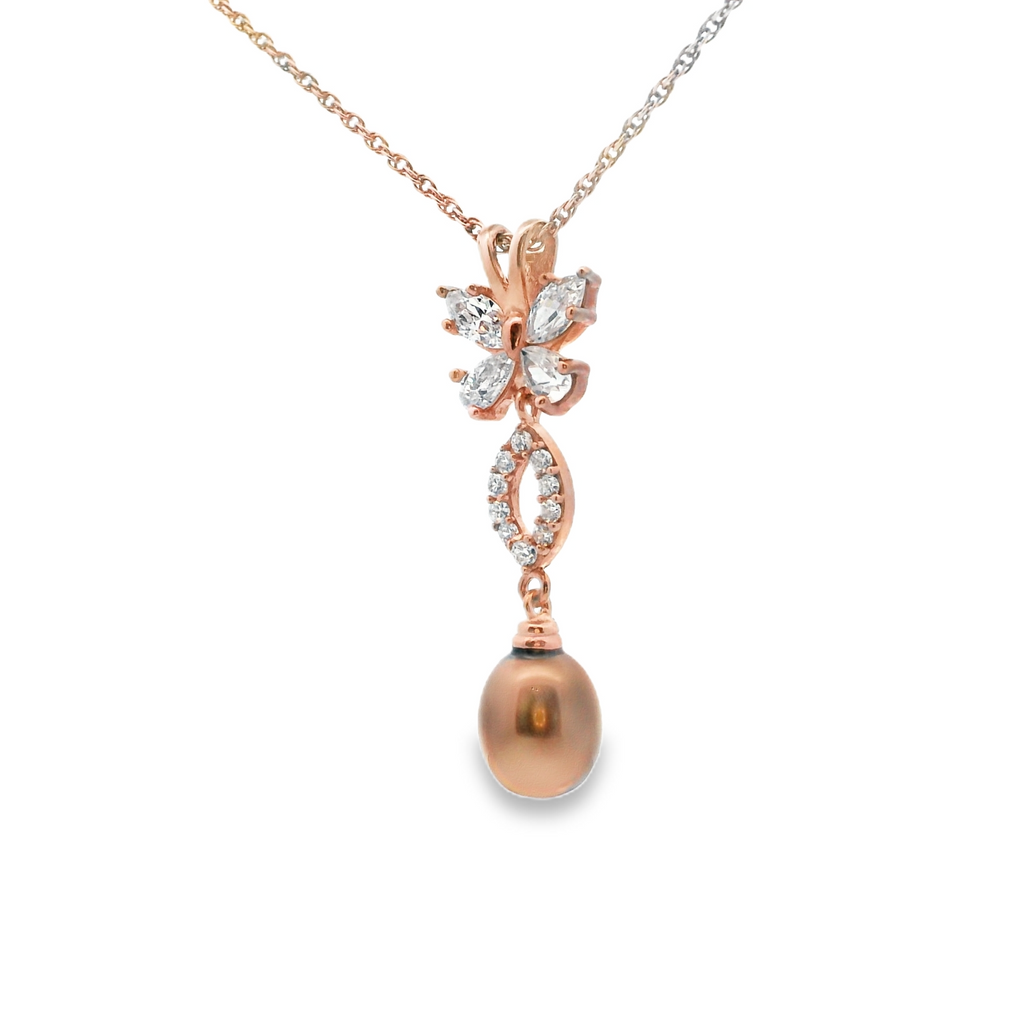 Rose Gold Plated Sterling Silver Brown Pearl & CZ Pendant