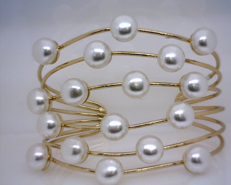 18K YG Plate Wide Multi Row Pearl Cuff Bracelet 2.5" Wide