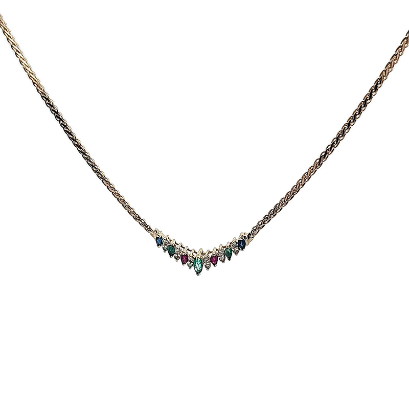 14K YG Ruby, Emerald & Sapphire Diamond Necklace.