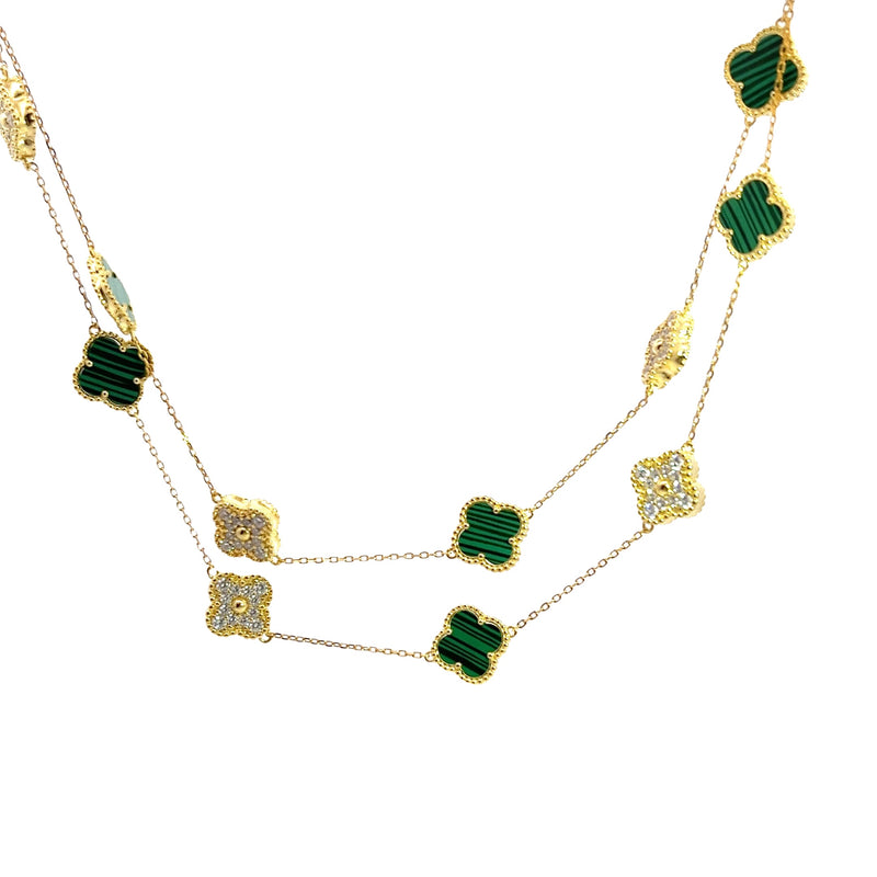 Gold Plated Malachite & CZ Clover Station Necklace