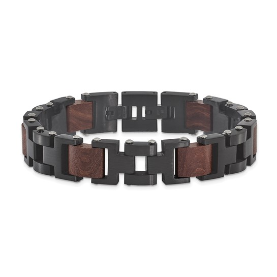 Black Plated Stainless & Wood Inlay Bracelet