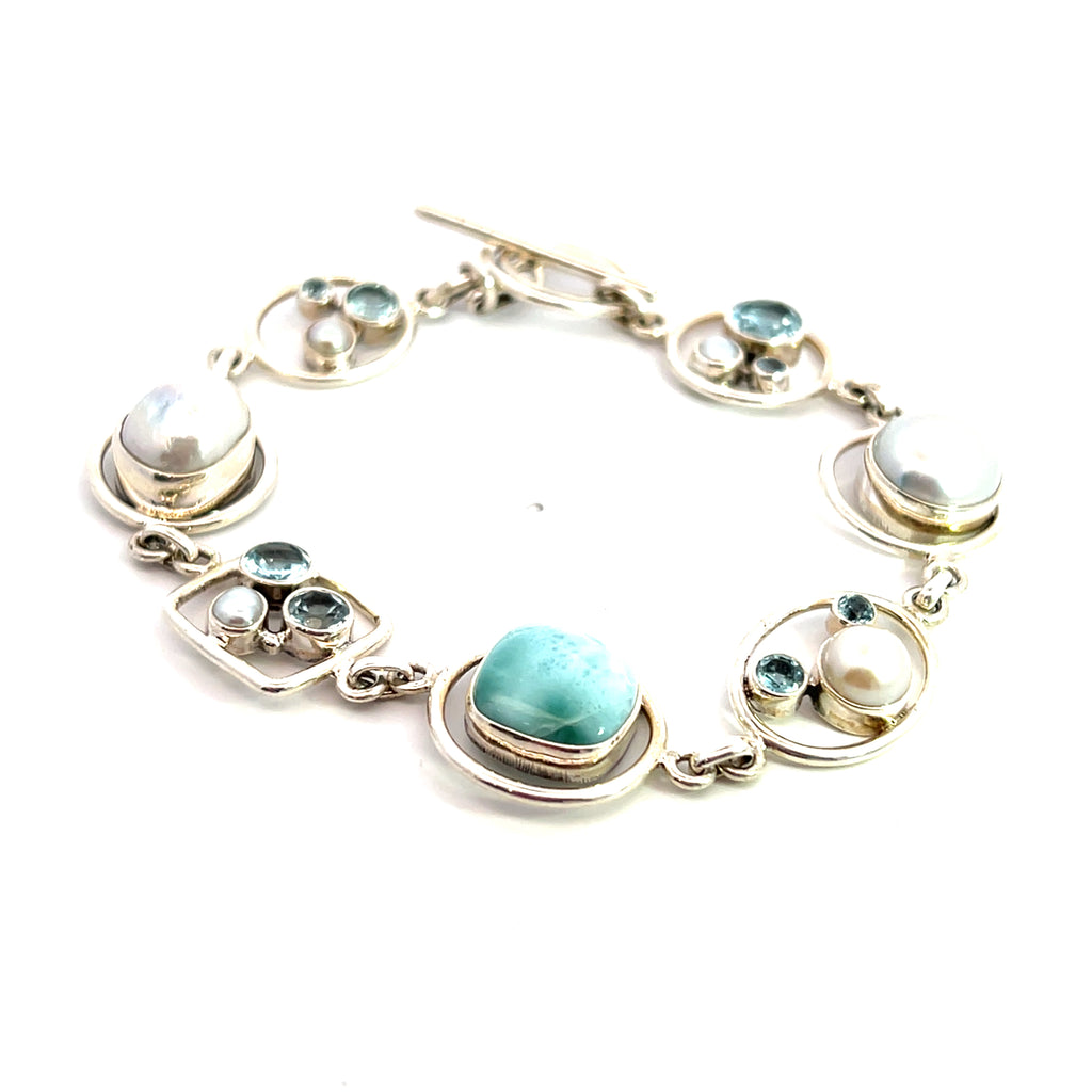 Sterling Silver Pearl, Larimar & Blue Topaz Bracelet