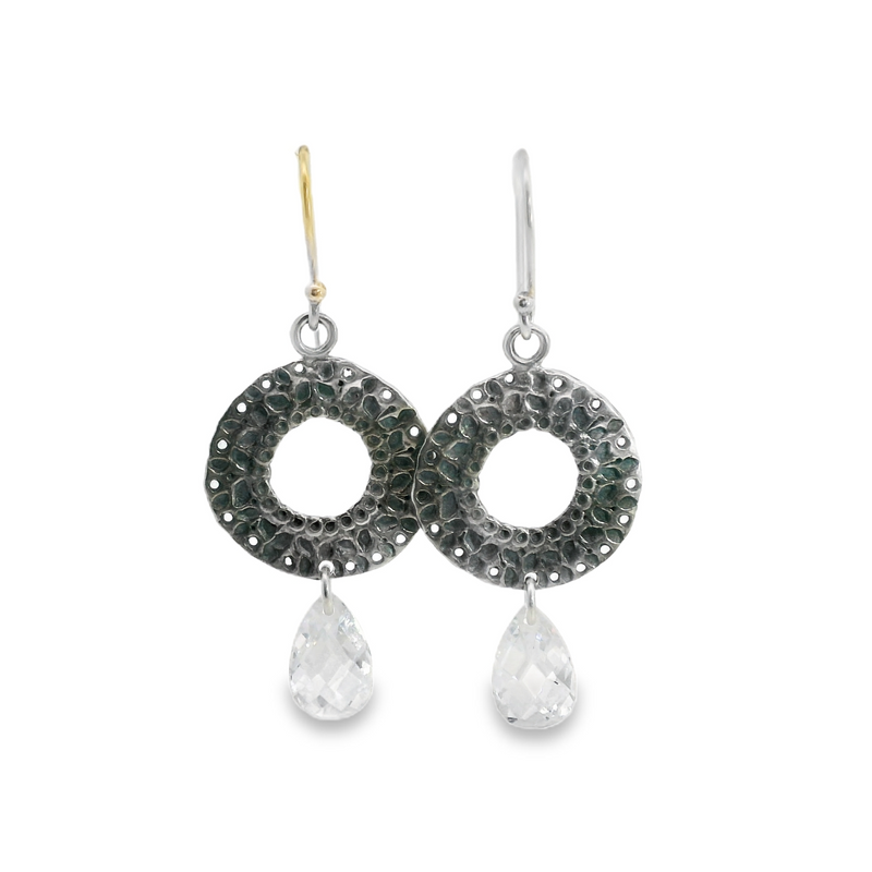 Sterling Silver Hammer Disk & Crystal Earrings