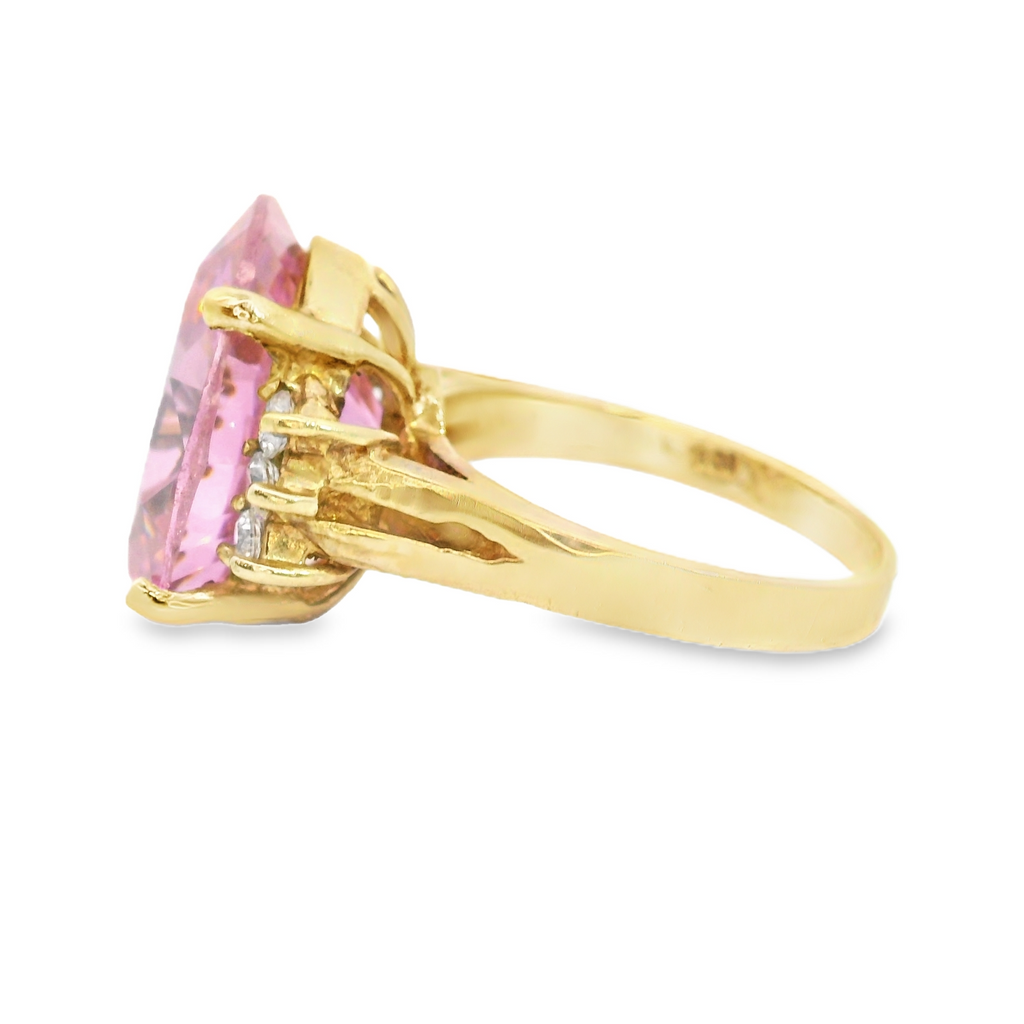 10K YG Oval Shape Pink CZ & Diamond Ring