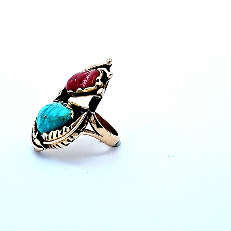 14K YG American Indian Turquoise & Coral Ring