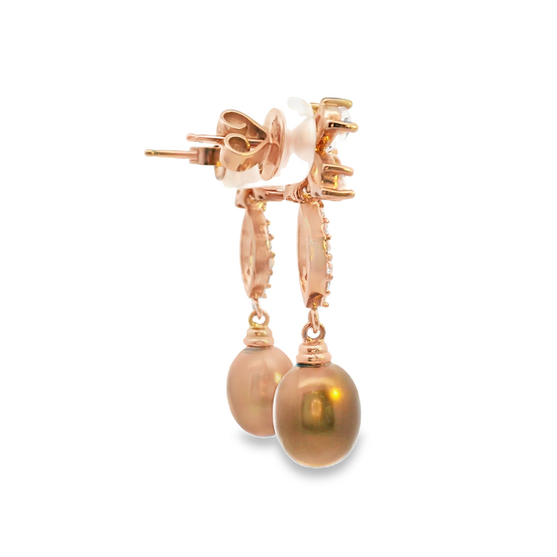 Rose Gold Plated Sterling Silver Brown Pearl & CZ Earrings