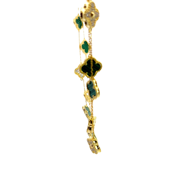 Gold Plated Malachite & CZ Clover Station Necklace