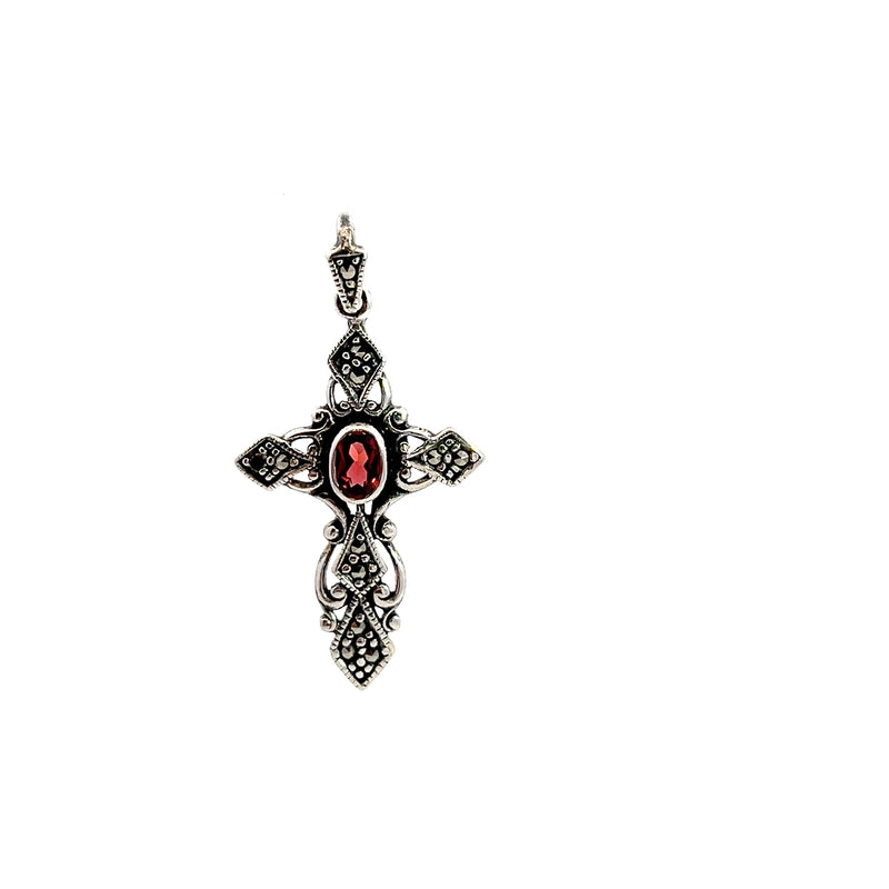 Sterling Silver Garnet & Marcasite Cross