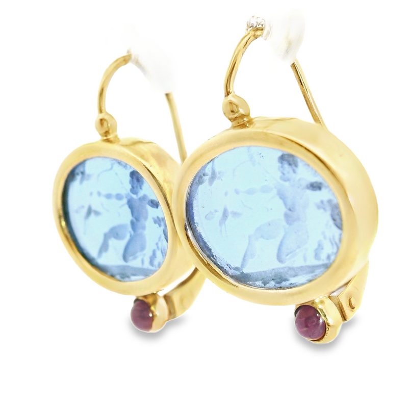 14K YG Carved Glass & Ruby Earrings