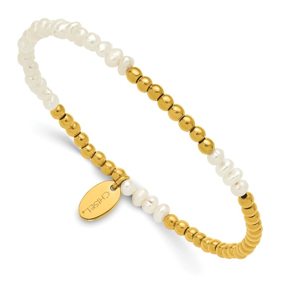 Yellow Plated Stainless Steel & Pearl Stretch bracelet