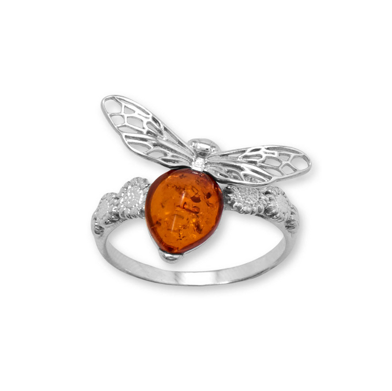 Baltic Amber Honey Bee and Flower Ring Size 7