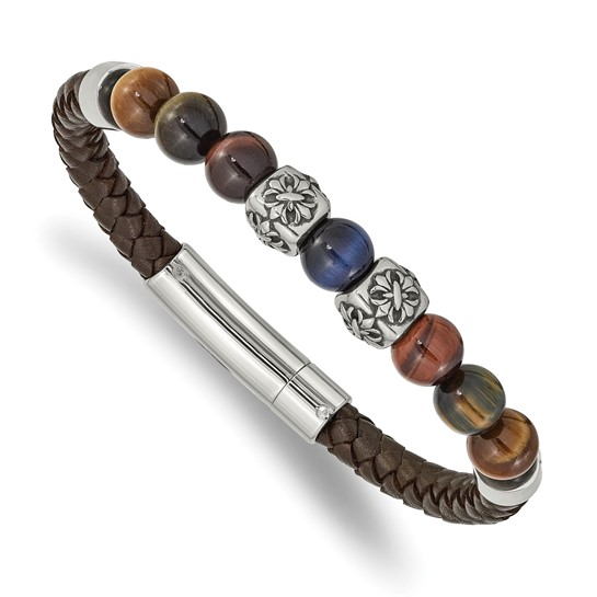 Mens Brown Leather & Beaded Bracelet