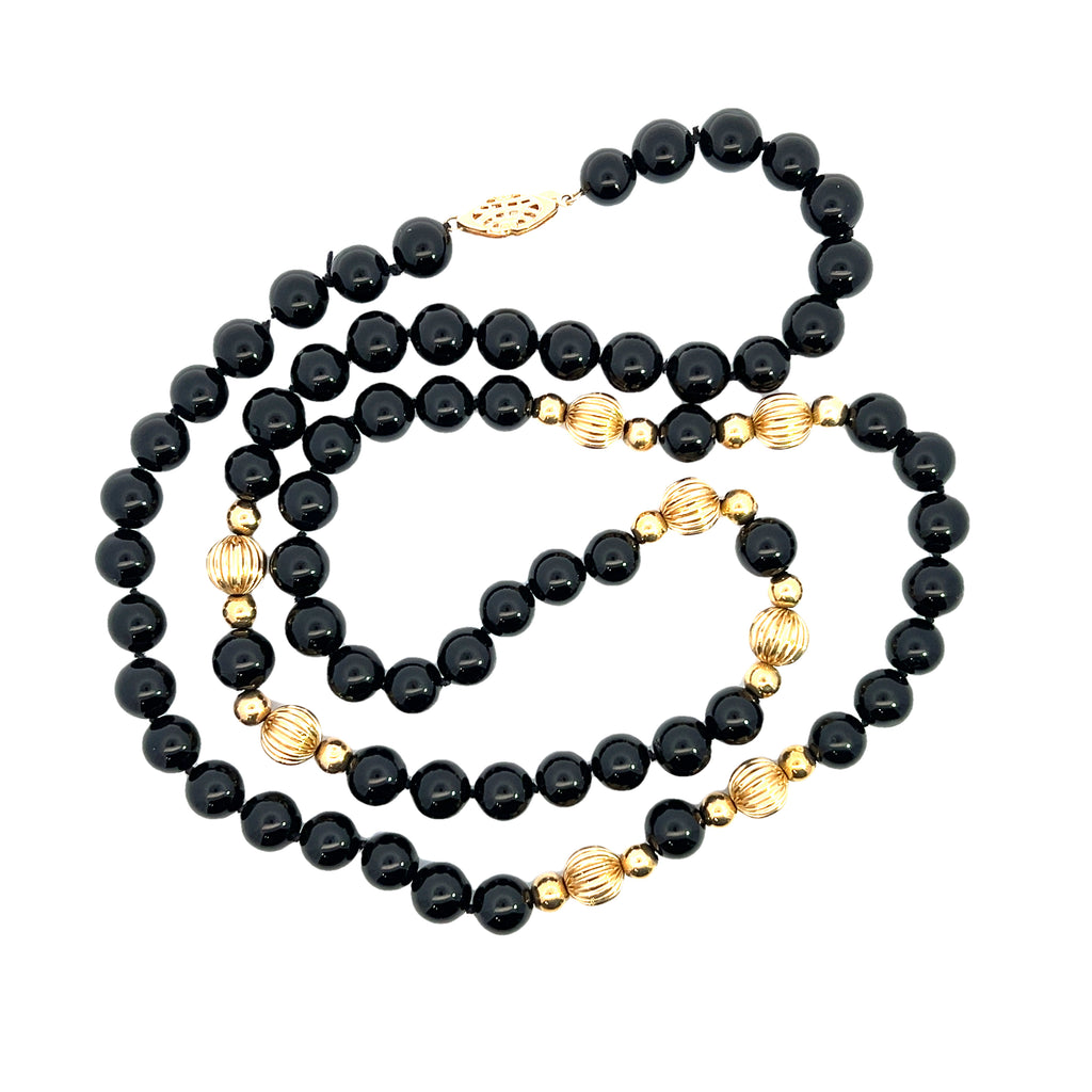 14K YG Black Onyx Beaded Necklace