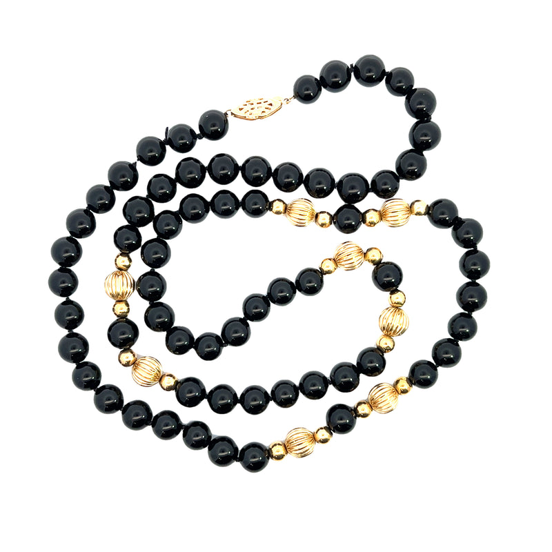 14K YG Black Onyx Beaded Necklace