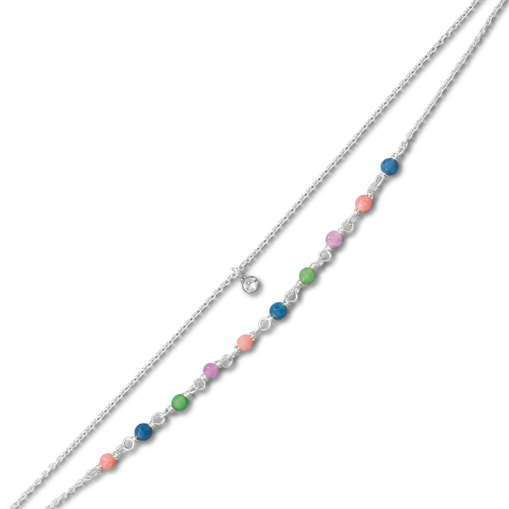 9"+1" Multi Color Jade and CZ Double Strand Anklet