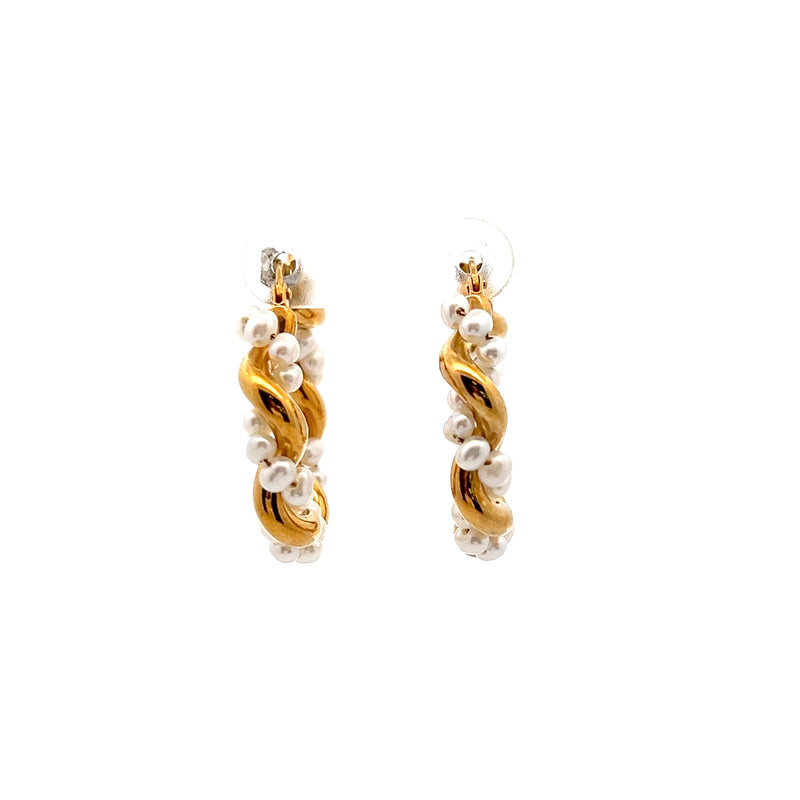 14K YG Twisted Pearl Hoop Earrings