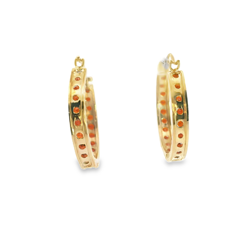 14K YG Garnet Hoop Earrings