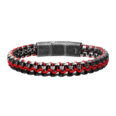 Antique Finish Stainless Steel Box Chain with Red Wax Cord Bracelet