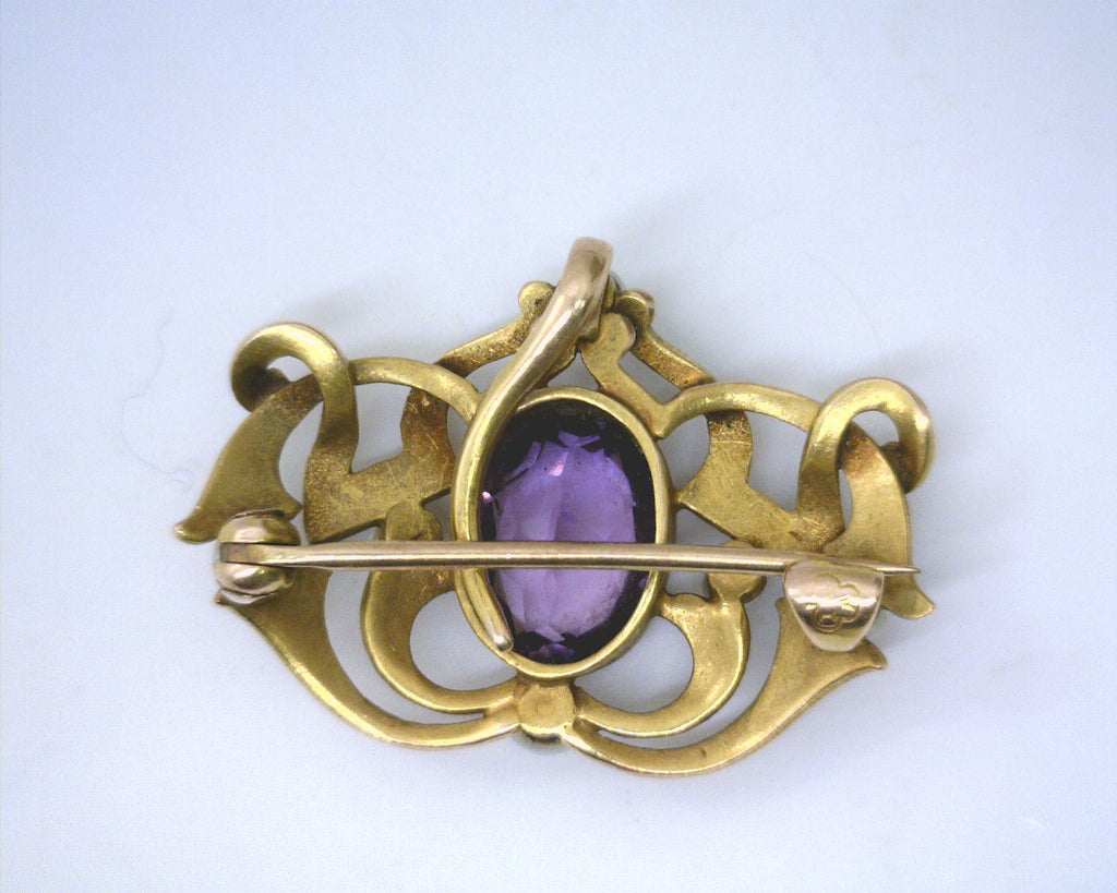 14K YG Amethyst & Pearl Pendant & Pin