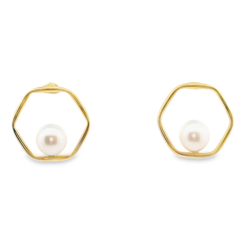 14K YG Geometric Pearl Studs