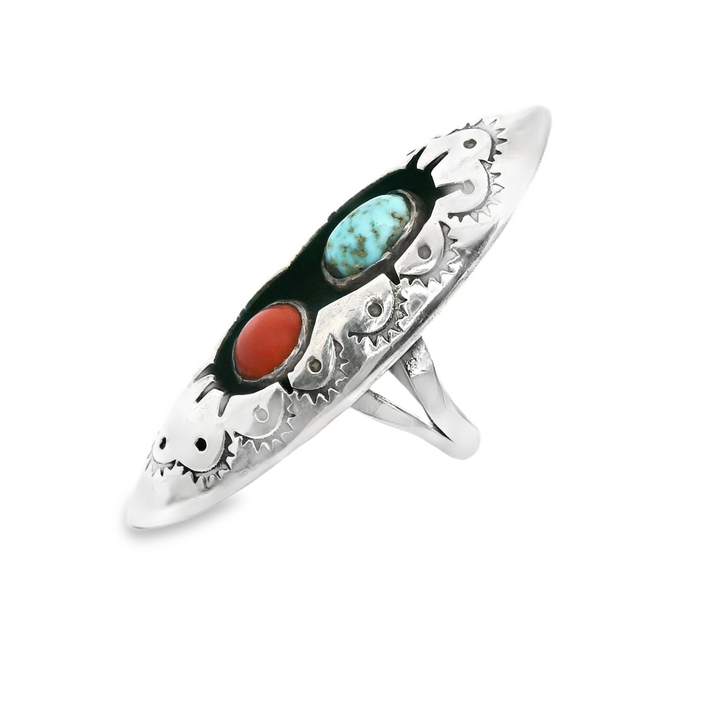 Native American Signed Turquoise & Coral Ring