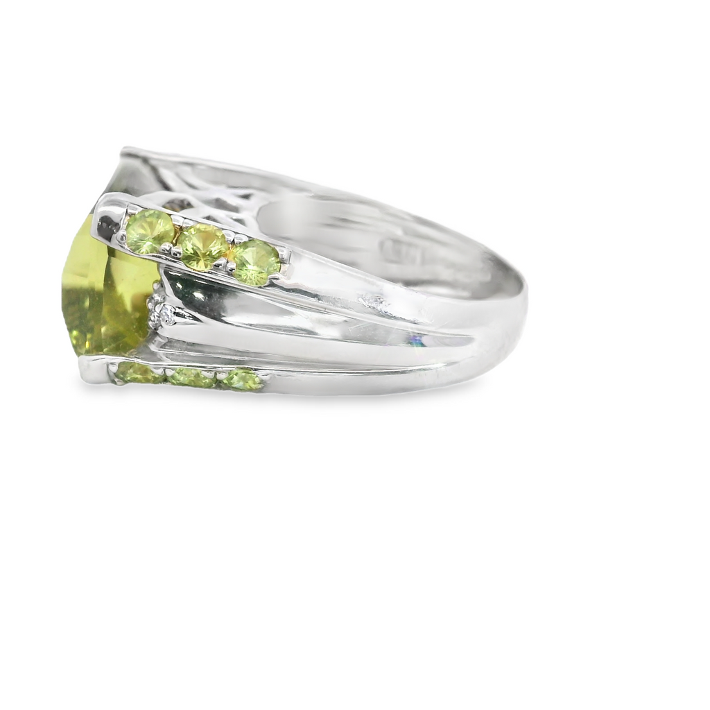 14K WG Lemon Quartz, Peridot & Diamond Ring