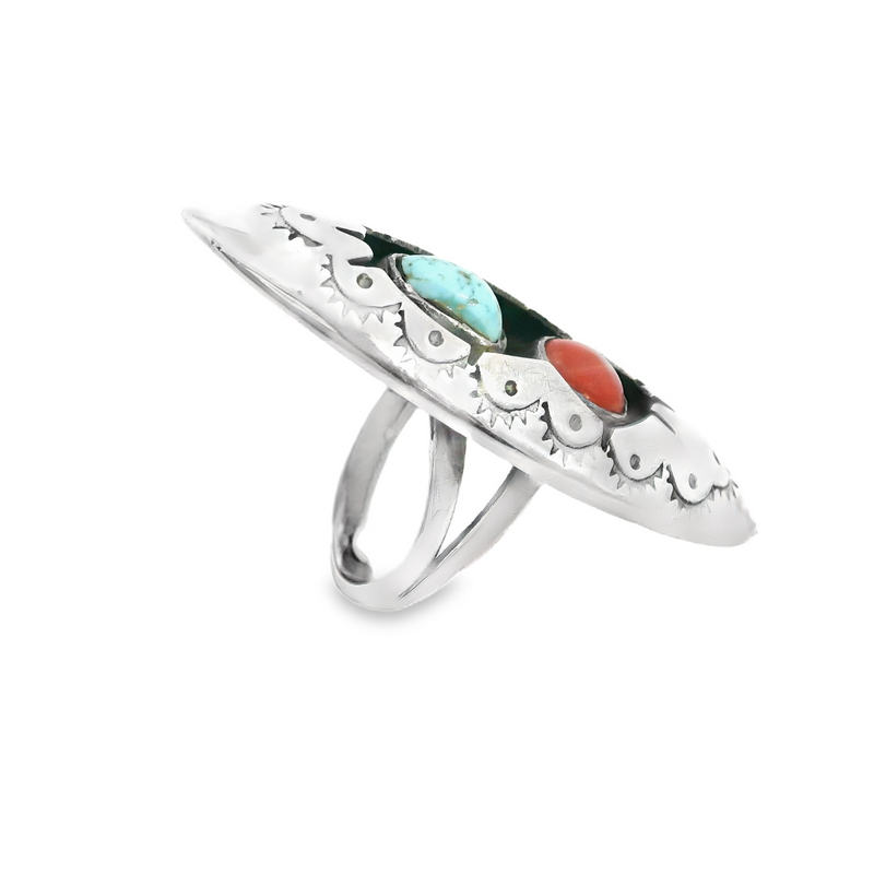 Native American Signed Turquoise & Coral Ring