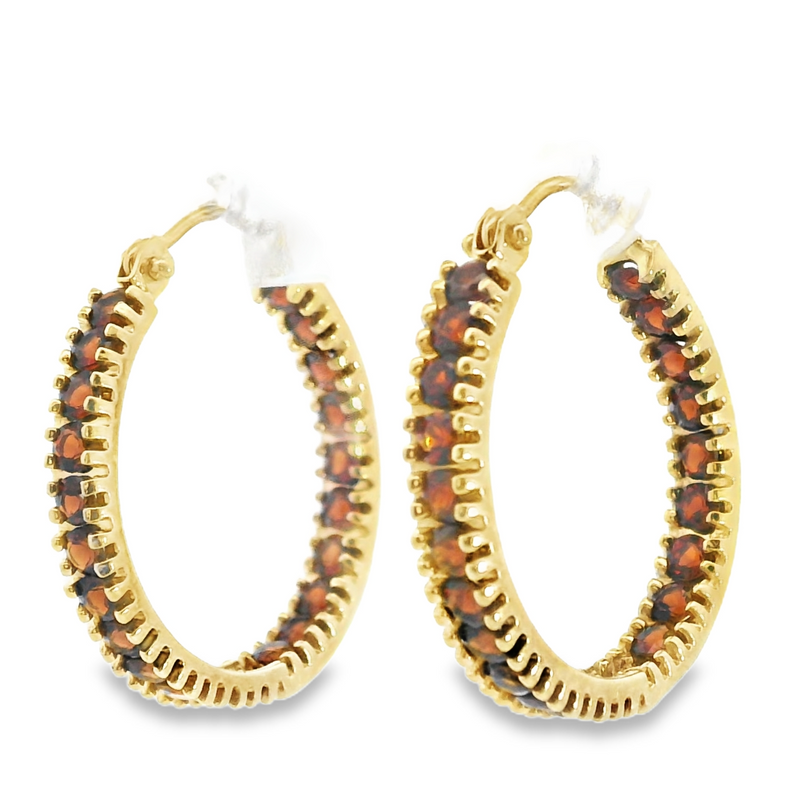 14K YG Garnet Hoop Earrings