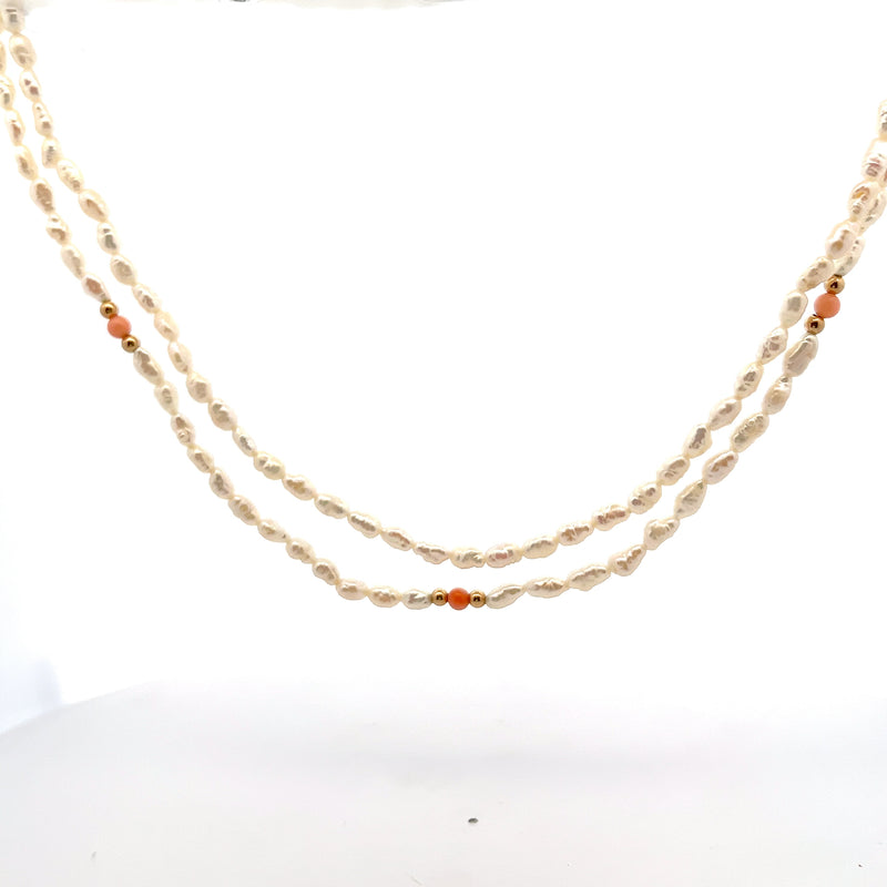 14K YG Keshi Pearl, Coral  & Gold Bead Necklace