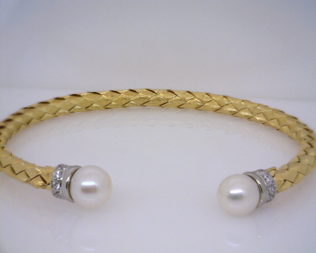 Sterling Silver & Yellow Gold Plated CZ & Freshwater Pearl Cuff Bracelet