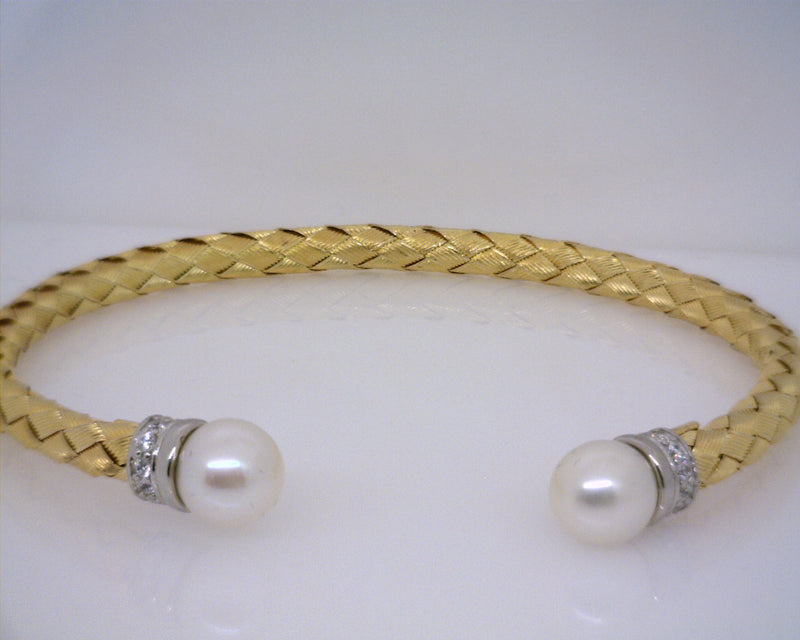 Sterling Silver & Yellow Gold Plated CZ & Freshwater Pearl Cuff Bracelet