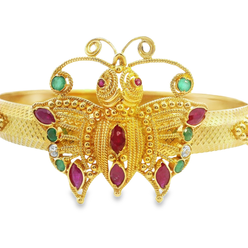 22K Ruby Emerald & Diamond Butterfly Bangle Bracelet