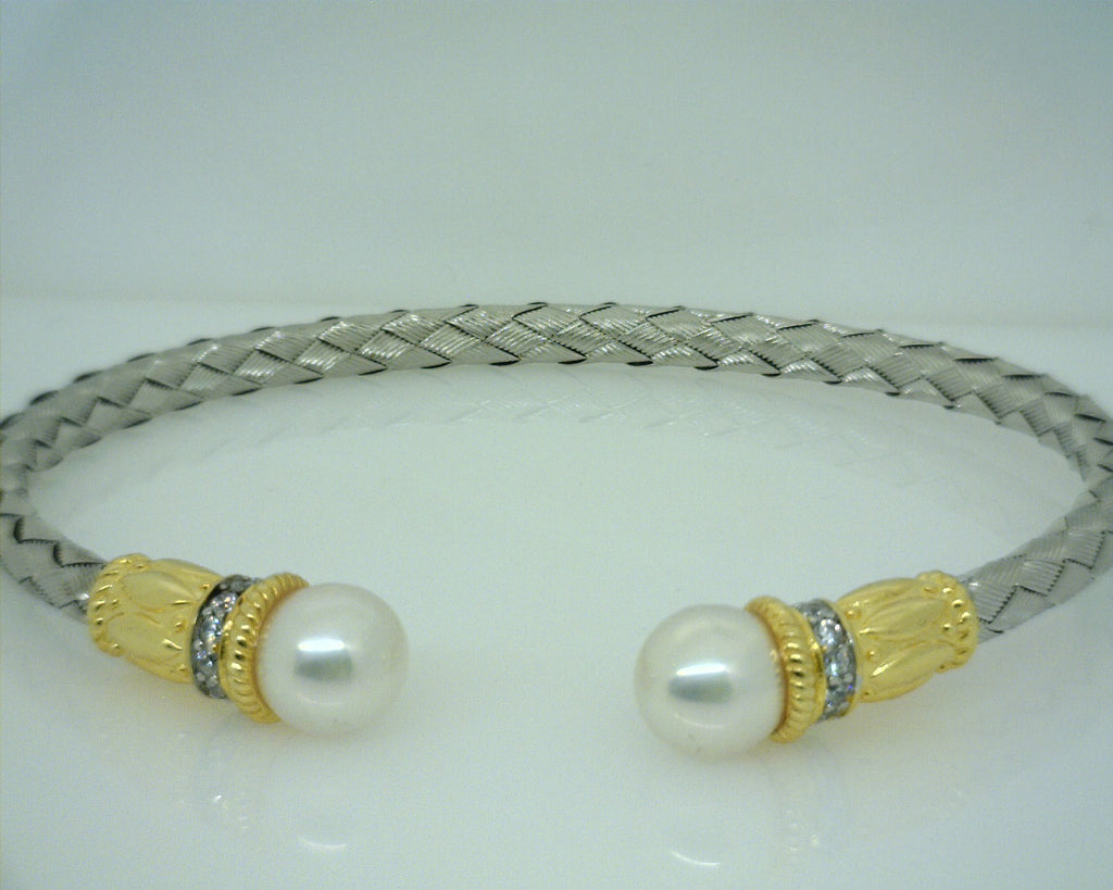 Sterling Silver & Yellow Gold Plated CZ & Freshwater Pearl Cuff Bracelet