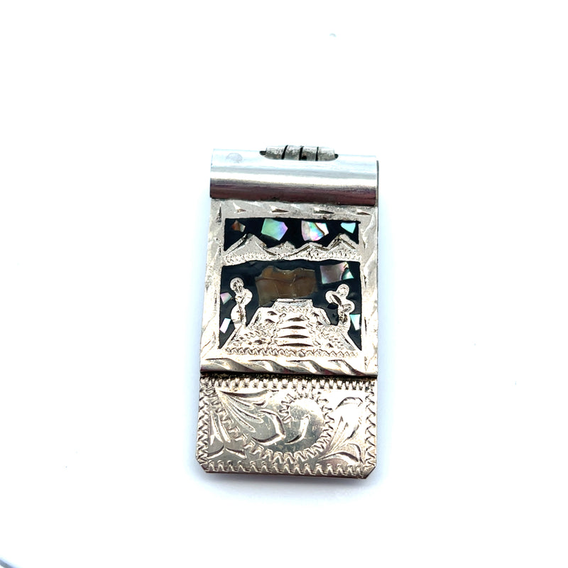 Sterling Silver Abalone and Onyx Carved Money Clip