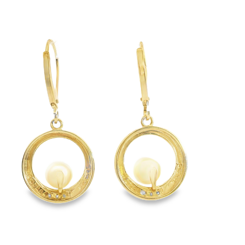 14K YG Pearl & Diamond Dangle Earrings