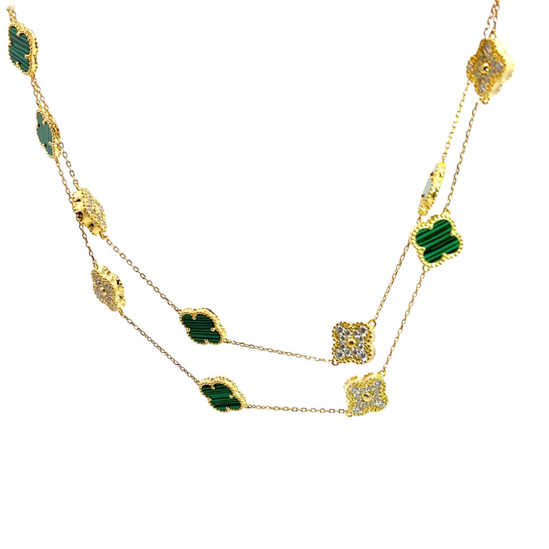 Gold Plated Malachite & CZ Clover Station Necklace