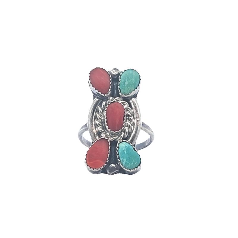 Sterling Silver Signed Native American Coral & Turquoise Ring