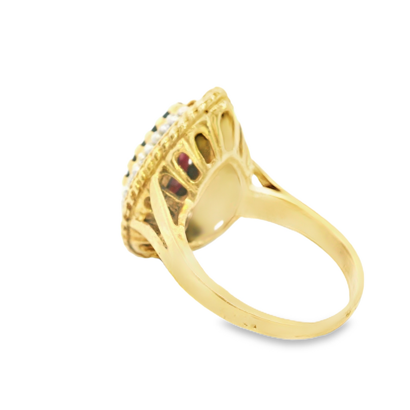 14K YG GARNET/SEED PEARL RING