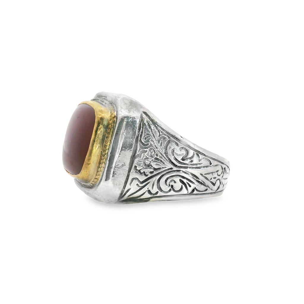 Sterling Silver & 22K Yellow Gold Carnelian ring with Etched Design