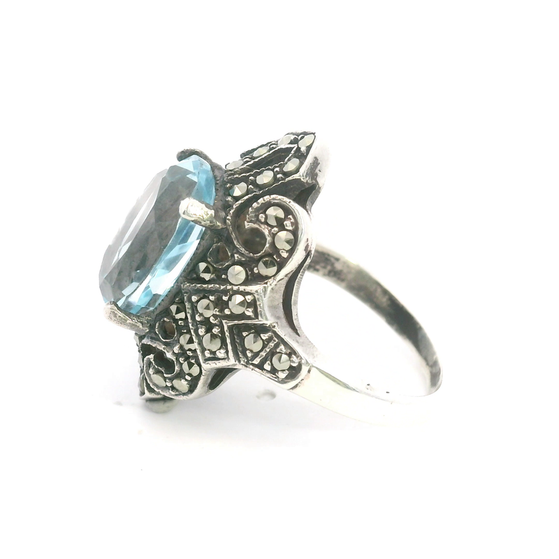 Sterling Silver Blue Topaz & Marcasite Ring