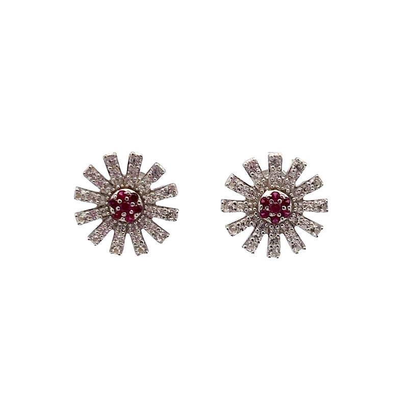Sterling Silver Created White Sapphire & Ruby Stud Earrings