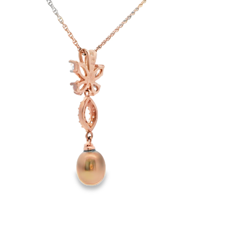 Rose Gold Plated Sterling Silver Brown Pearl & CZ Pendant